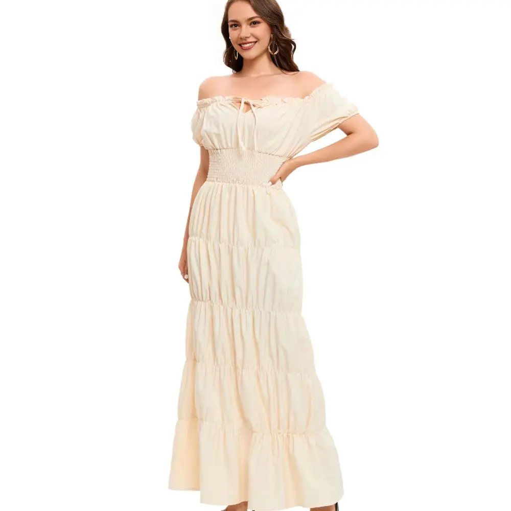 Women's Chic Smocked Ocean-Style Boho Renaissance Medieval Pirate Peasant Maxi Chemise Dress - Gothic, Minimalist, Basic Option for Cosplay, Cocktail, Evening Events, elegant silhouette, timeless appeal, graceful flow