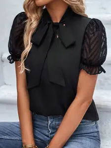 Elegant French Style Chic Bow Tie Shirt Blouse Top for Women, Stand Collar Button-Up, Sheer Bubble Sleeves, Slimming Fit, Casual Wear All Seasons