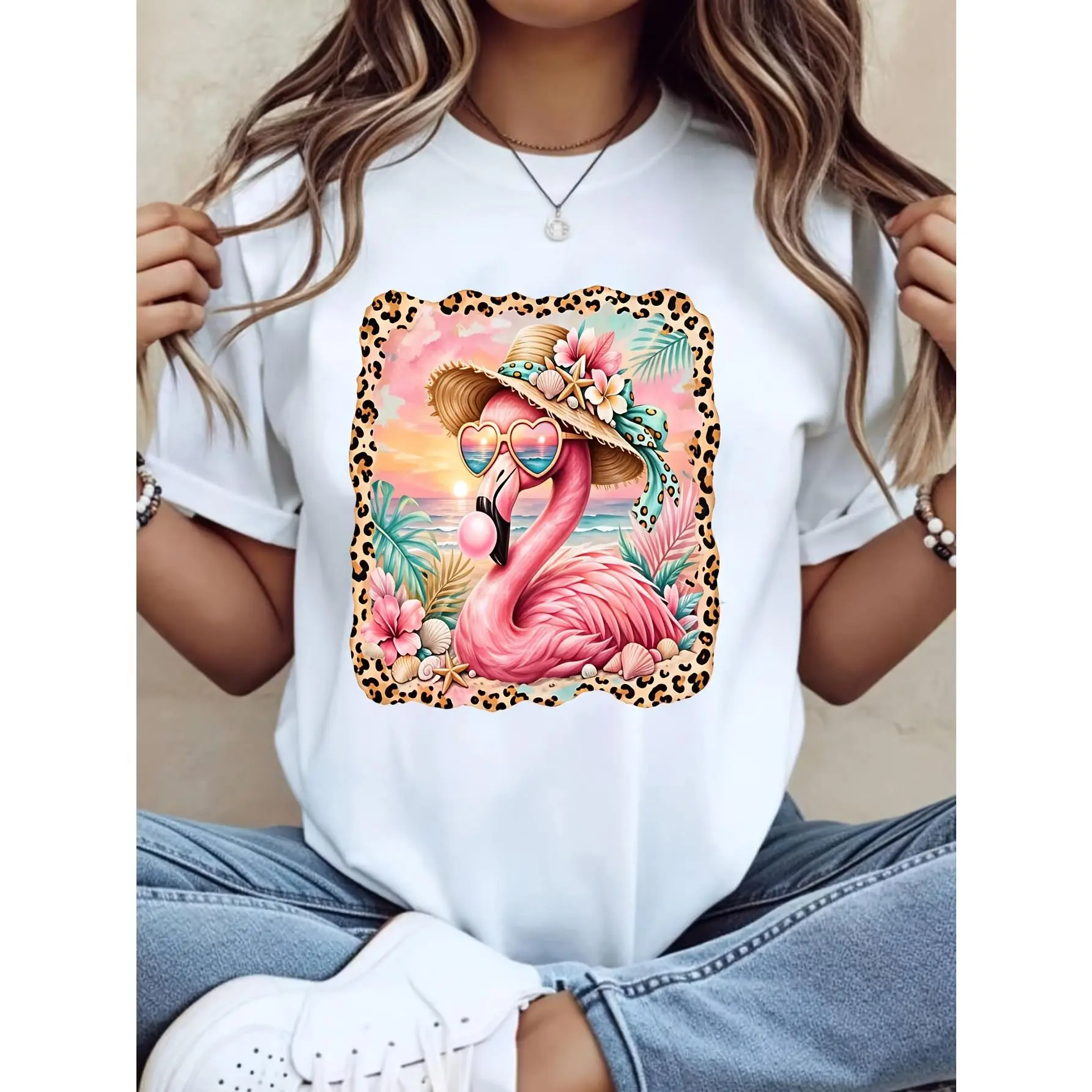 Women's Casual Graphic T-Shirt - Pink Flamingo With Hat And Sunglasses, Leopard Border, Breathable Fabric, Summer Beach Vacation Essential Tops, Gym Wear, Gift For Her, Flat, Oversized, Style, Tee