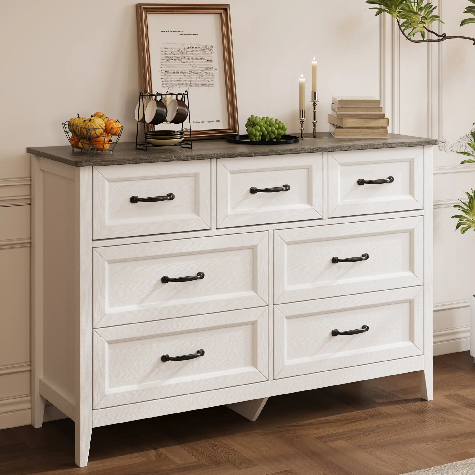 Gizoon Farmhouse 7 Drawers Dresser White Chest of Drawers with Metal Handles 47" Wide Wooden Storage Organizer for Kids Bedroom Hallway Living Room Girl Apartment Furniture Space-Saving,dorm essentials,home decor