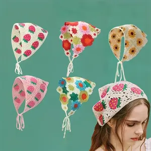 Hand-Knit Triangle Scarf Headbands for girls-Sweet & Playful Fruit,Floral & Geometric Patterns,Soft Stretchy Knit Fabric,Mixed Colors, Spring/Autumn Outings,Casual/Formal Wear,Hair Scarf,Outing Accessories,Playful Design