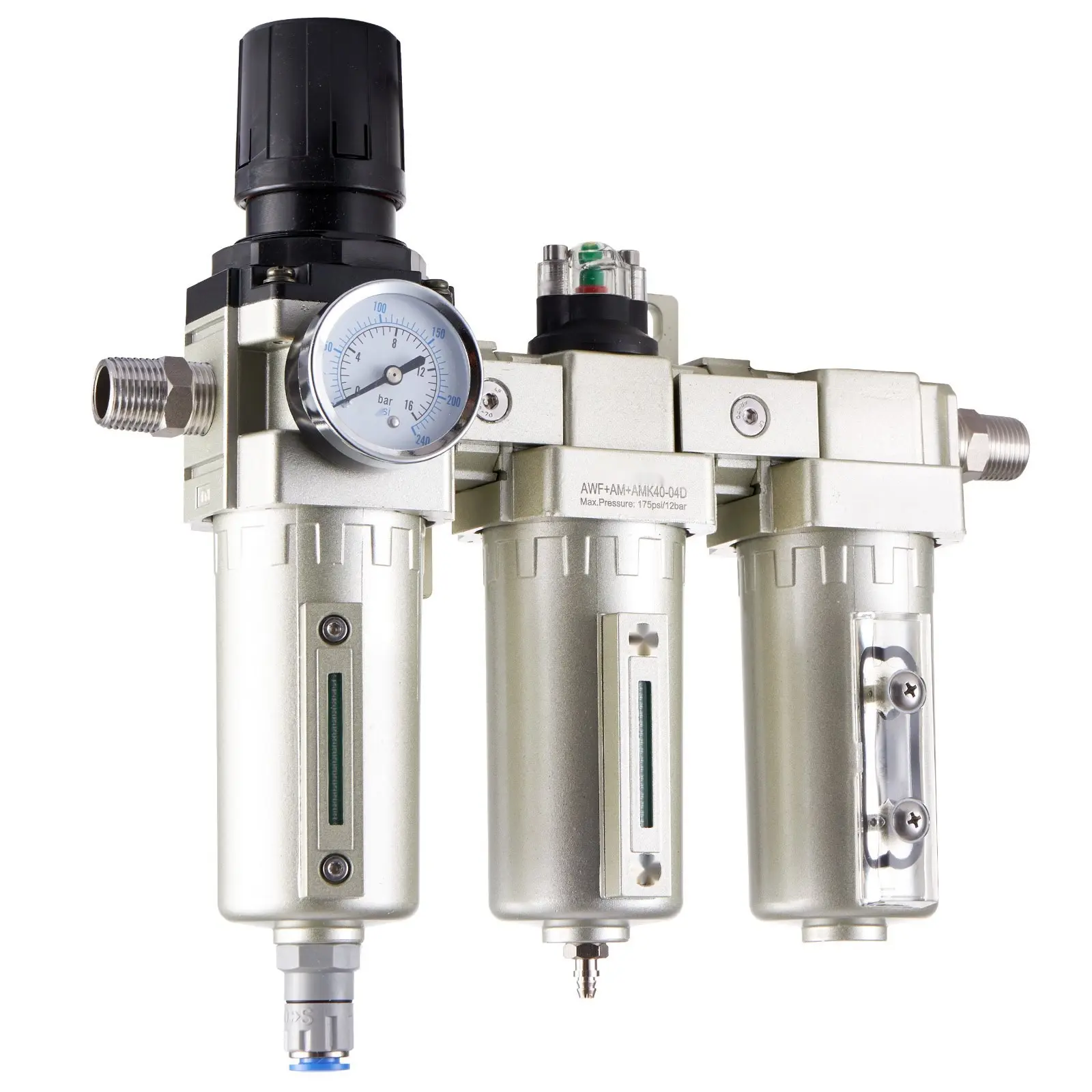 Air Compressor Filter Regulator 1/2-Inch NPT 3-Stage 5 μm, 0.3 μm, and 0.1 μm Micron Filters With Desiccant Dryer, Auto Drain Water Separator For Air Line, 175 PSI Max Pressure For Industrial Use