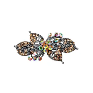 Antique silver hair barrette with complimenting color small rhinestones - Topaz