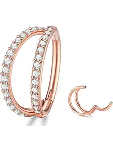 16G 18G Titanium Nose Rings for Women Silvery Rose Golden Double Nose Hoop Piercing, Tragus Cartilage Conch CZ Septum Segment Clicker Hoops Nose Ring