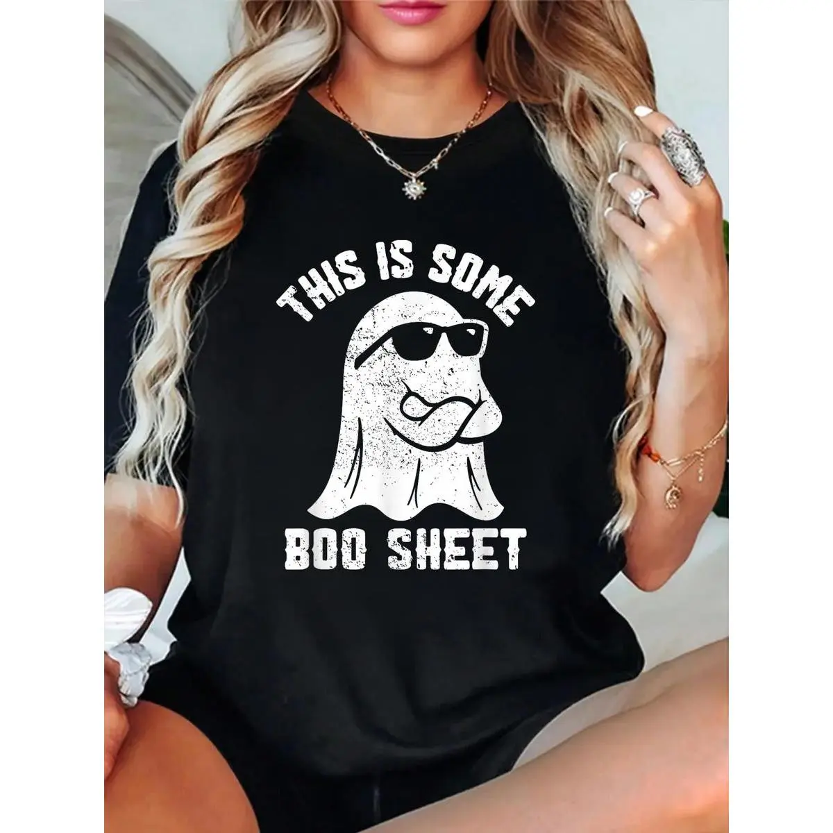 Lady's 100% Cotton Comfortable Short-Sleeve T-Shirt - Fitted Retro Vintage Round Neck, Breathable Fabric, Funny Ghost Print Halloween Streetwear Casual Top