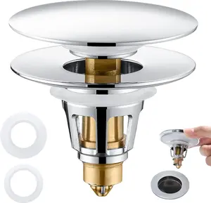 Universal 2-in-1 Bathroom Sink Stopper - Chrome Pop Up Sink Drain Stopper, Push Button Sink Drain Stopper Replacement, Wash Basin Drain Filter Plug with Anti-Clogging Strainer, (Large Cover Cap)