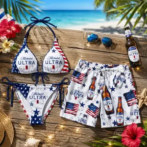Michelob Ultra Patriotic Matching Couple Swimsuit Set, USA Flag Bikini & Quick Dry Swim Trunks, 4th of July Beachwear