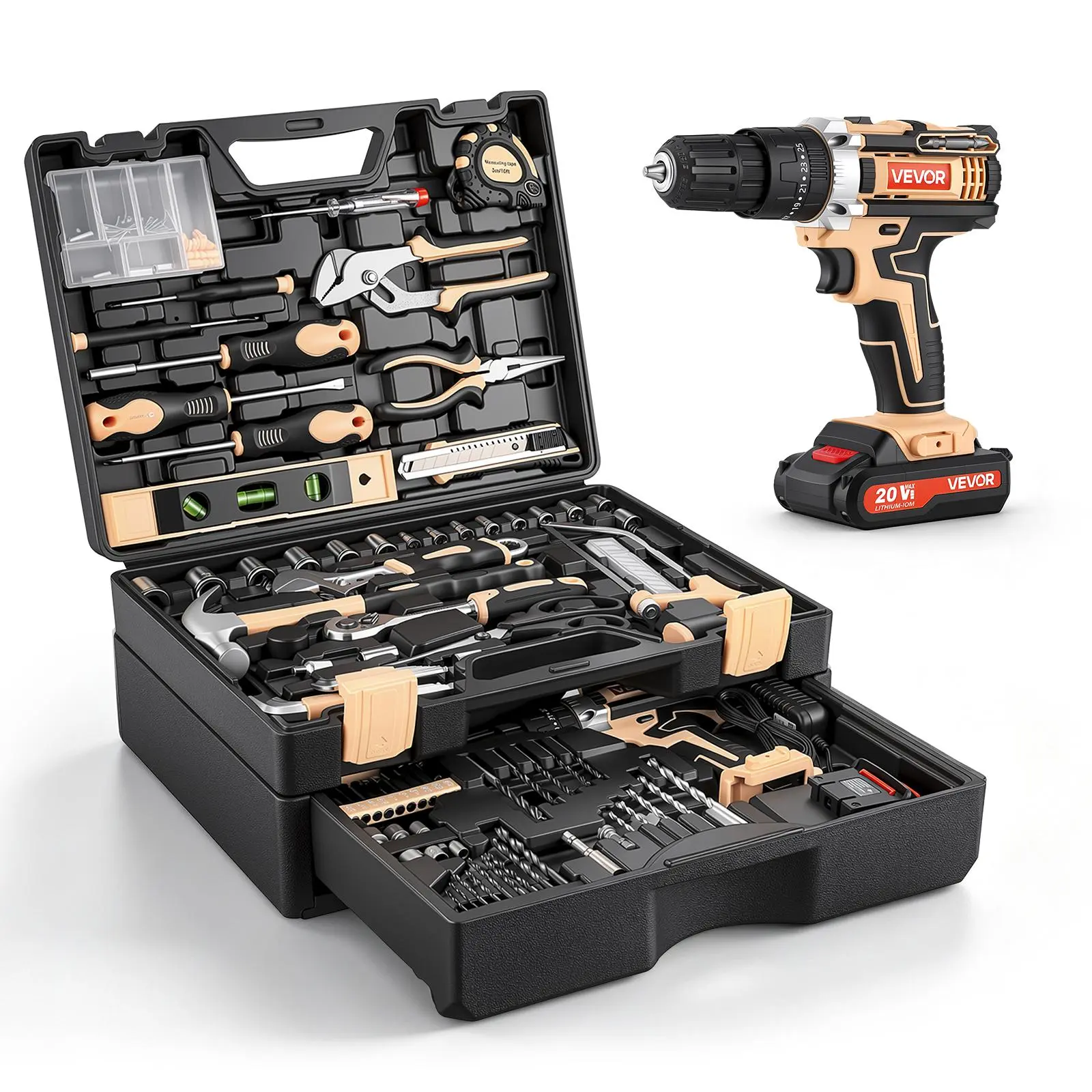 VEVOR Tool Kit 318-Piece General Household Tool Kit for Home Maintenance, For Everyday House Repairs, DIY Projects, with Portable Storage Case, High-Quality Steel, with Cordless Drill, Bits, Hammer,toolupgrade