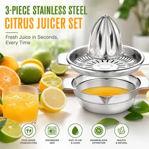 Citrus Juicer Manual Squeezer, 304 Stainless Steel Hand Juicer for Lemon Orange Grapefruit, Heavy Duty Reamer with Rotation Press & Strainer, 10oz Bowl with 2 Pour Spouts, Easy to Clean Dishwasher Safe