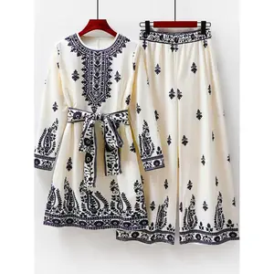 Women's Casual Elegant Floral Print Round Long Sleeve Top and Pants Set BK 123002   Clothes