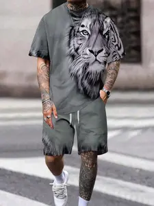 【Plus Size】 Tiger Head Print Tee & Shorts Set, Regular Fit Casual Short Sleeve T-shirt & Shorts, Men's for Summer