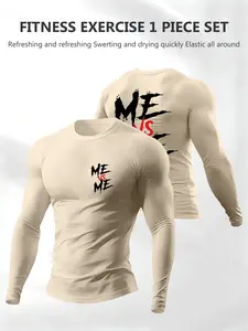 Men's Letter Pattern Long Sleeve T-Shirt, Sizes S-Xxl, Sporty Style, Fitted, H-Type Silhouette, Ideal Gift, Daily Wear, Casual, Streetwear