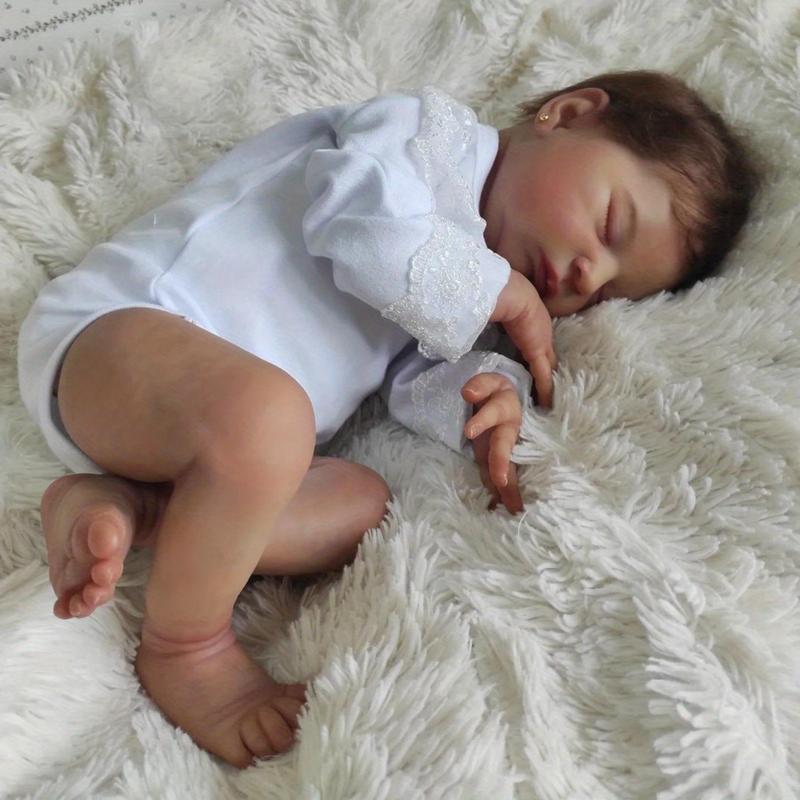 Realistic 50cm Asleep Reborn Baby Doll 20inch Soft Vinyl Newborn Bebe Girl Toy with Ear Studs, 3D-painting Skin with Visible Veins Lifelike Princess Gift Toy for Kids
