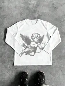 Men's Graphic Long Sleeve T-Shirt, Pixel Angel Pattern, Style, Casual Daily Wear, Unisex, All Season, Street Fashion