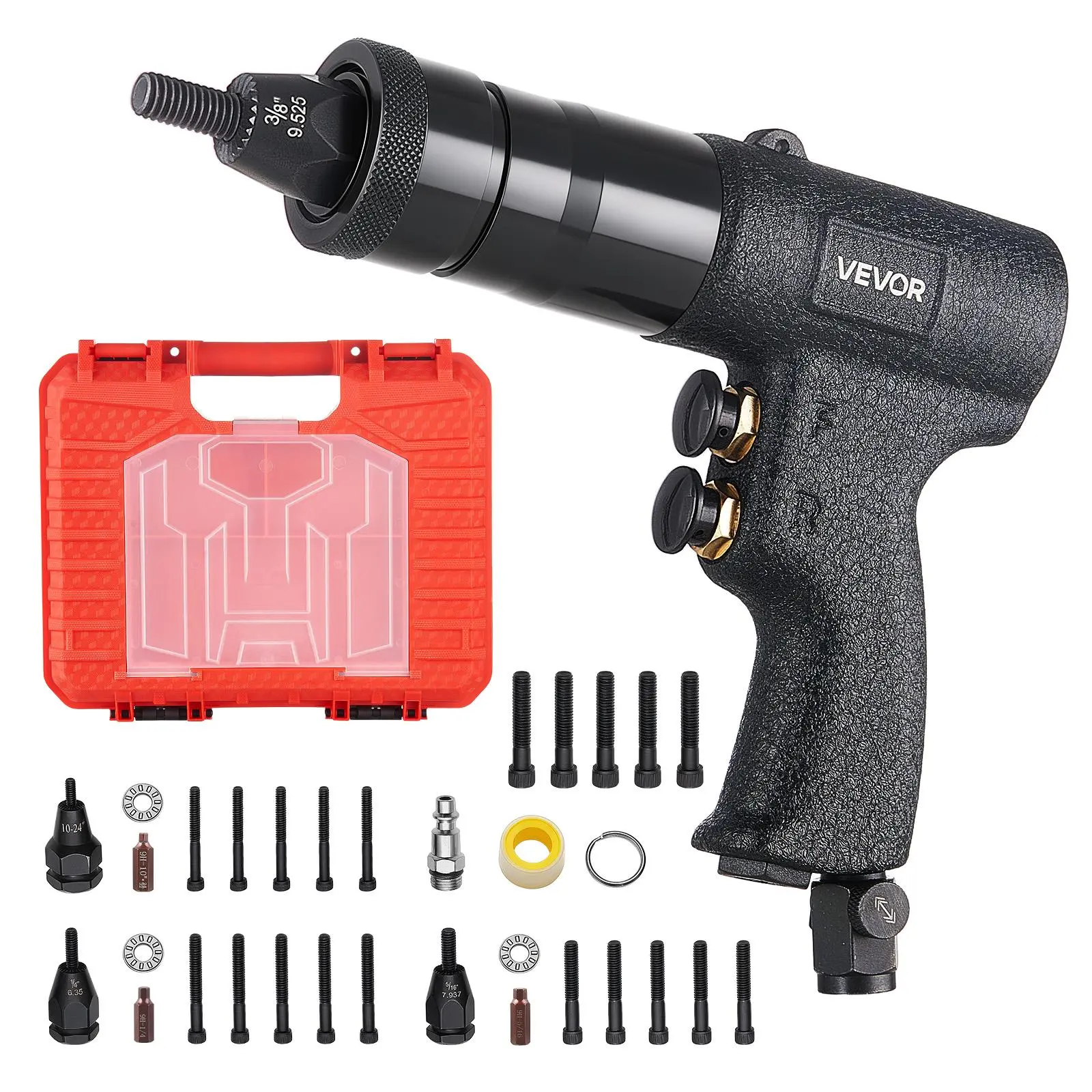 VEVOR Heavy Duty Pneumatic Rivet Nut Gun Kit, Hardware Hand Tool with 1/4"-5/16"-10/24"-3/8" Heads, 20PCS Mandrels, 2500LBS Force, Forward & Reverse Switch for Auto Repair, Construction