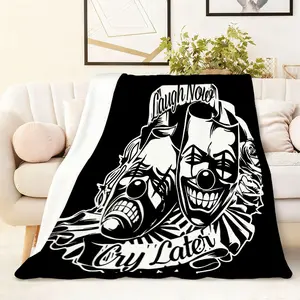 1PC Laugh Now Cry Later Clown Mask Blanket Gothic Halloween Decorative Throw Blanket Soft Flannel Fleece Blanket for Sofa Bed Couch 50x60 inches Lightweight Warm Cozy All Season Blanket for Men Women Decorative Giftable Blankets