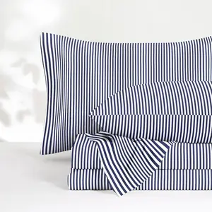 - Striped Bed Sheets, 4- Sheet Set, Tickg Vertical P Stripe Modern Farmhouse  Prted Beddg, Deep Pocket, Navy Blue White,  Size