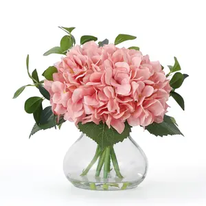 Hydrangea Artificial Flowers in Vase, Silk Faux Hydrangea Fake Flower Arrangements with Glass Vase and Faux Water for Home Decor Wedding Bouquets Table Centerpieces, Pink, Set of 7