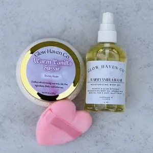 Glow Haven Co. Warm Vanilla Sugar Body Oil + Dusting Powder Set | Sweet Vanilla & Brown Sugar Scent | Long-Lasting Gourmand Bundle Shea Fragrance
