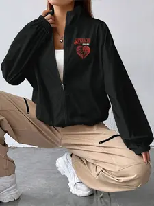 1-piece women's spring and autumn youthful and pretty chest print 'SUPERACHE CONAN GRAY', red cartoon characters and broken heart pattern leisure stand collar zipper long sleeve quick-drying cuff jacket coat windproof and warm, various colors available