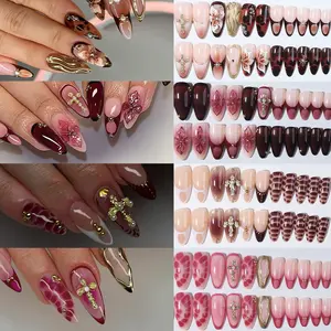 96pcs Almond Shape Press-On Nails, Glossy Finish, Leopard Print, Water Ripple Design, Alloy Cross with Rhinestones, Nail Art