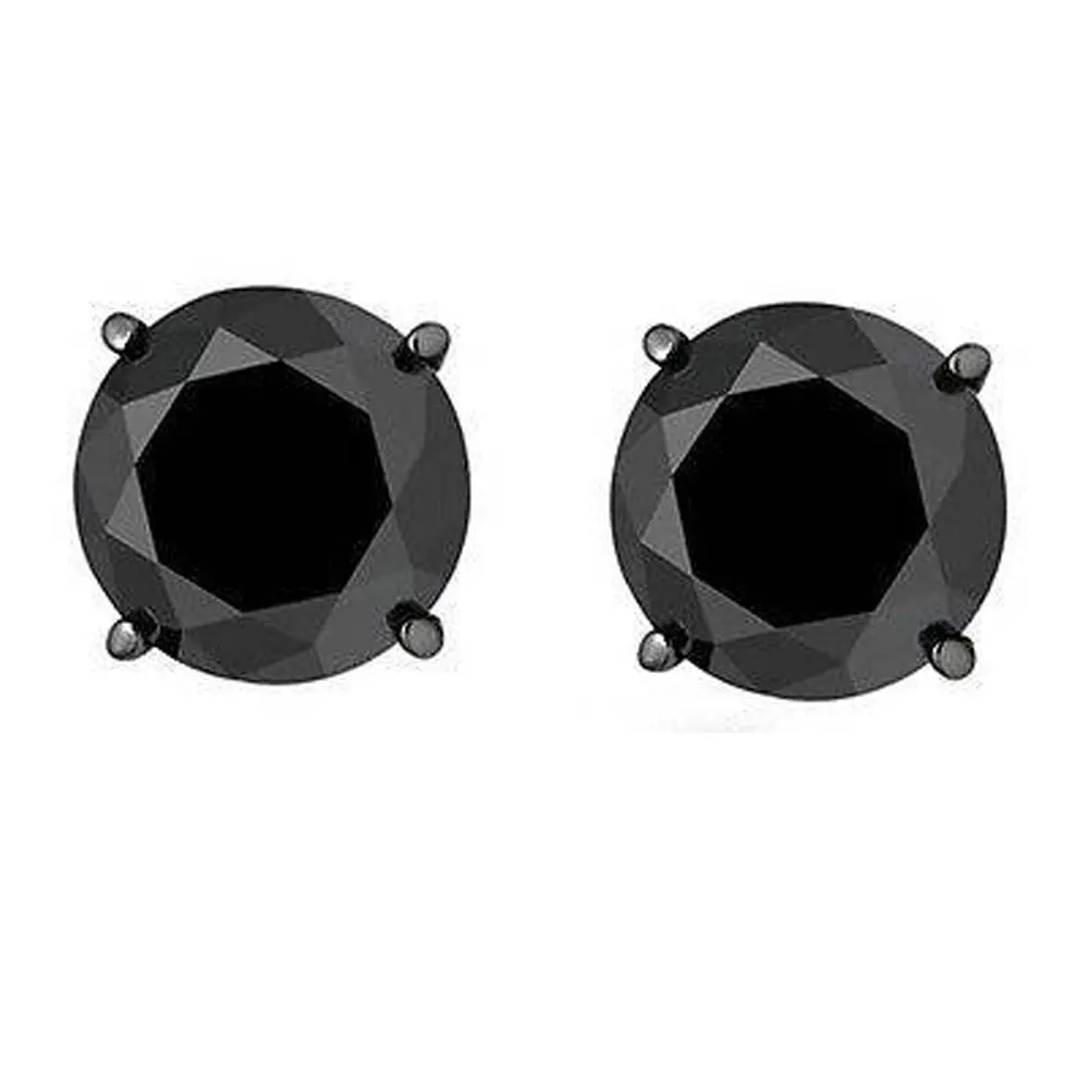 2Ct Black Gold Round Black Diamond Push Back Studs Earrings 14k Gold