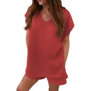 Fisoew Womens 2 Piece Cotton Lounge Sets Workout Matching Outfits V Neck Cap Sleeve Tops and Active Shorts Loungewear #SummerVibes, Pajama Set, Women's Clothes