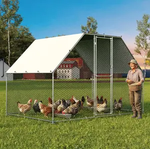 9.73' x 6.40' x 6.03' Spacious Metal Chicken Coop for 6-10 Chickens – Outdoor Walk-In Poultry Cage with Anti-UV Waterproof Cover – Durable Backyard Pen
