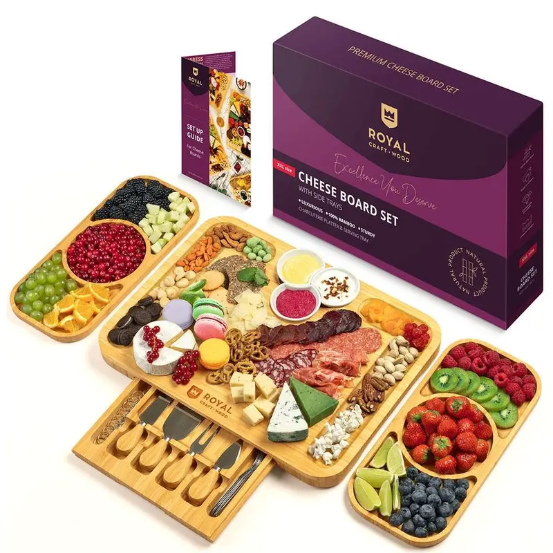 Royal Craft Wood Large Bamboo Cheese Board and Knife Set, Wooden Charcuterie Board Kitchenware Serving Plate & Appetizer Plates Sturdy Side Trays, Ceramic Bowls & Cutlery Utensils & Glossy Tableware - Party Board For Charcuterie Ideas