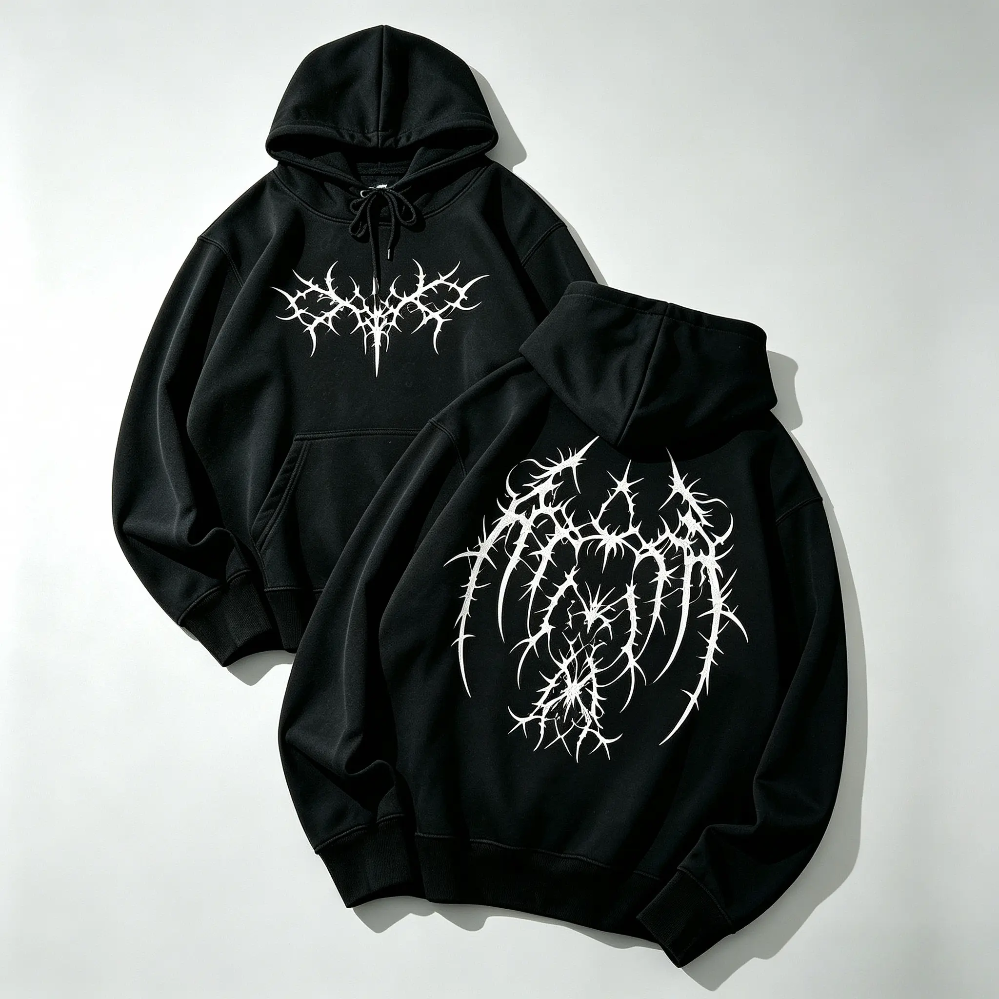 Unisex Soft Fleece Drawstring Hoodie Vintage Gothic Thorn Wing Front Back Print Sweatshirt For Men Women All Day Casual Wear