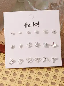 18-Piece Minimalist Silver Heart & Butterfly Flower Stud Earring Set, Fashion Accessories for Women and Girls, All Seasons Wear