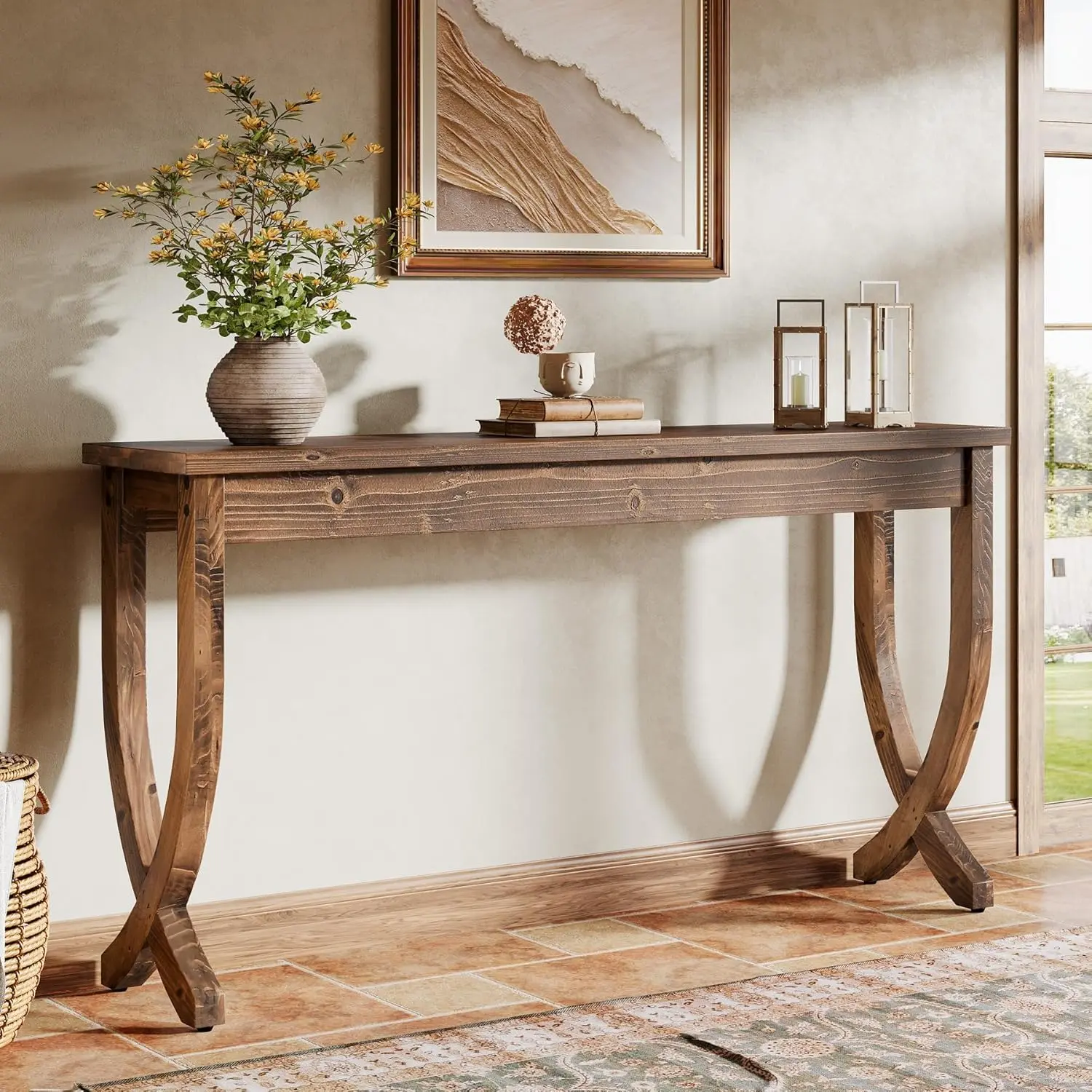TRIBEWOOD 63-Inch Solid Wood Console Table, Farmhouse Entryway Table, Long Sofa Table for Living Room, Hallway, Entrance, Foyer, Brown