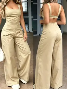 New Women's Backless Overalls, High-Waisted Wide-Leg Workwear Style, Slimming One-Piece Pants, Fashionable and Comfortable