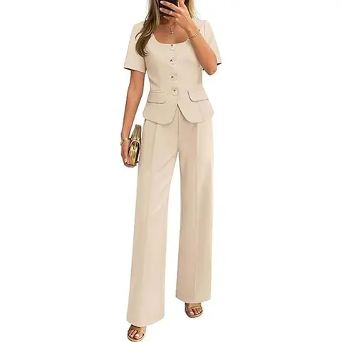 ZESICA Women's Fitted 2026 Summer 2-Piece Suit Set - Short-Sleeve Button Blazer, Wide-Leg Pants for Work, Business Casual & Corporate Office Wear