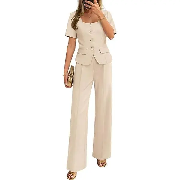 ZESICA Women's Fitted 2026 Summer 2-Piece Suit Set - Short-Sleeve Button Blazer, Wide-Leg Pants for Work, Business Casual & Corporate Office Wear