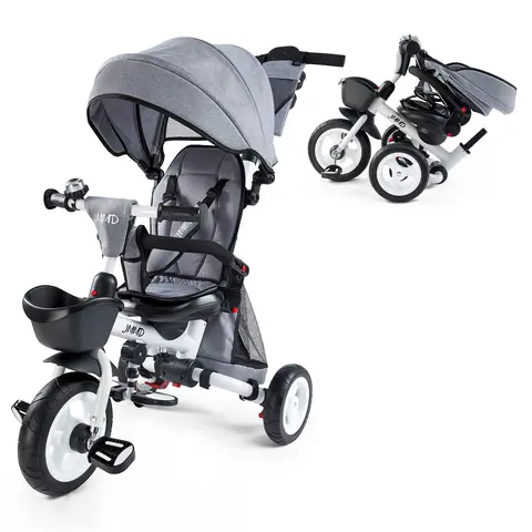 JMMD 7-in-1 Quick Folding Unisex Toddler Traveling Stroller (18m-5 Years) - Metal Frame 3-Wheel Ride-on Toy, Adjustable Parent Handle, Safety Harness, Wheel Brakes, Removable Canopy, Storage, Oxford Material, Detachable Sponge Guardrail (Grey Gift)
