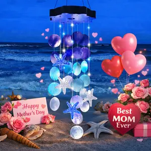 Mother's Day Gift,Solar-powered outdoor seashell wind chime (white and blue) – an ideal gift for mothers and women; seashell decorative chandelier, suitable for summer garden parties, patios, terraces, and windows.