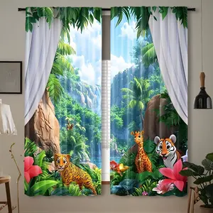 2-pack, animal print curtains with rod opening, forest giraffe jungle zoo print, suitable for bedroom and playroom decoration, Home Decoration Curtain