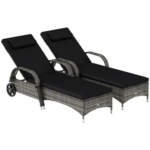 Outsunny Wicker Outdoor Chaise Lounge, 5-Level Adjustable Backrest PE Rattan Pool Lounge Chair with Wheels, Cushion & Headrest, Mixed Gray and Charcoal Black