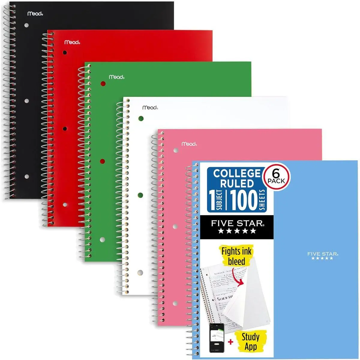 Spiral Notebook + Study App, 1 Subject, College Ruled Paper, 8.5" x 11", 100 Sheets, Assorted Colors, 6 Pack (38052)