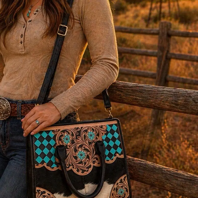 Turquoise and Black Checkered Cowhide Handbag