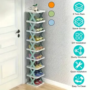 Nine-layer shoe rack. This space-saving vertical shoe rack can hold 9 pairs of shoes. Suitable for wardrobes, corridors, bathrooms, and dormitories. Plastic stackable shoe rack - a multi-functional storage rack for doorways, easy to assemble.