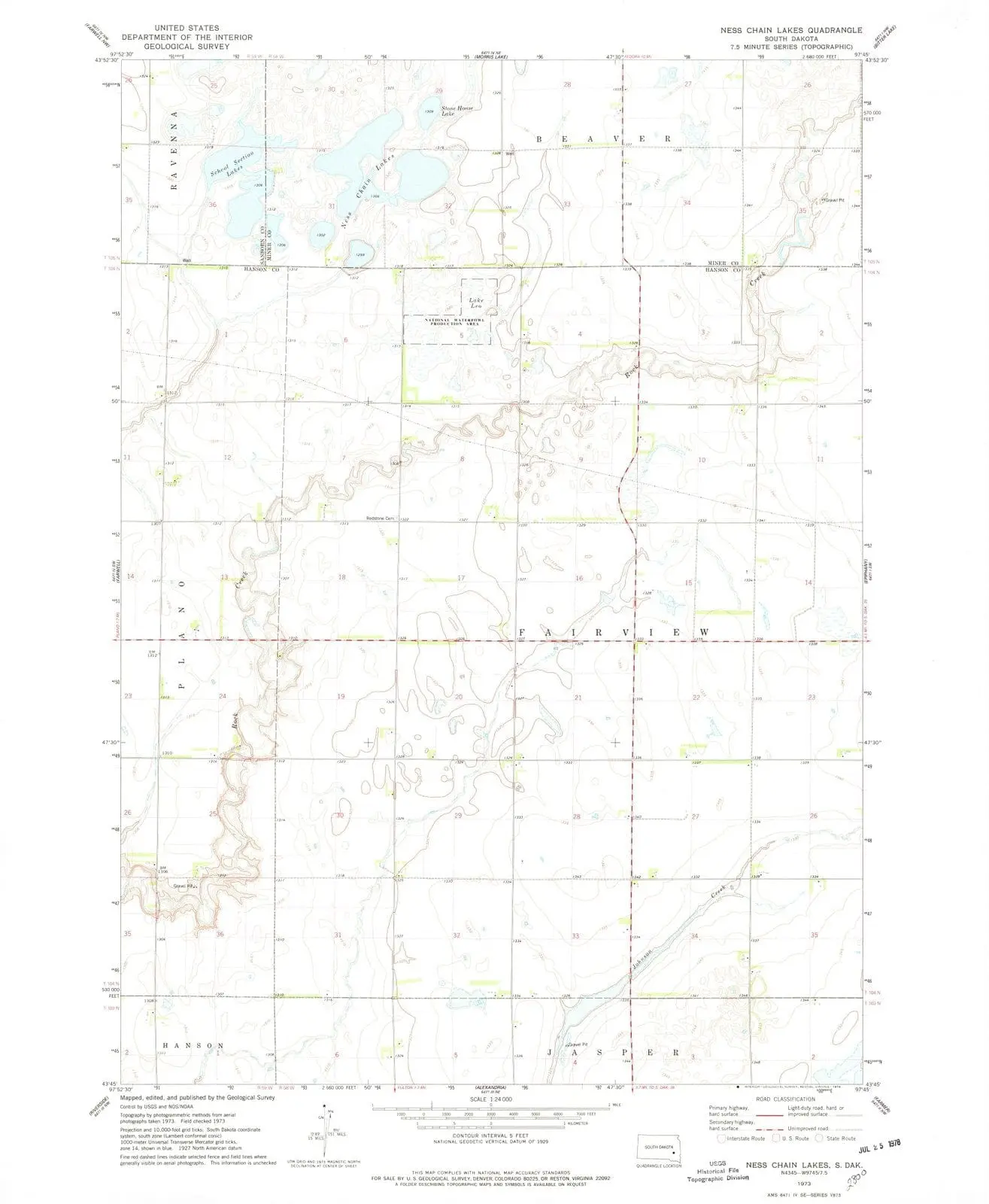 Ness Chain Lakes South Dakota USGS Topographic Quadrangle Map, 1973, 1:24000