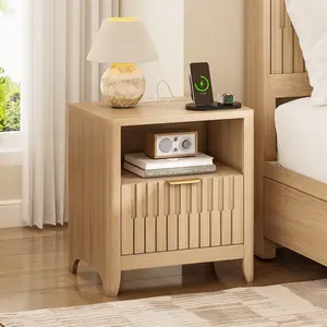 Fluted Nightstand with Charging Station & Open Shelf Natural Oak