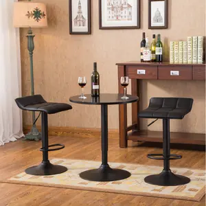 [SOIYELIFE] Belham Black Round Top Adjustable Height Bar Table and 2 Swivel Black Bonded Leather Adjustable Bar Stool Bar Sets