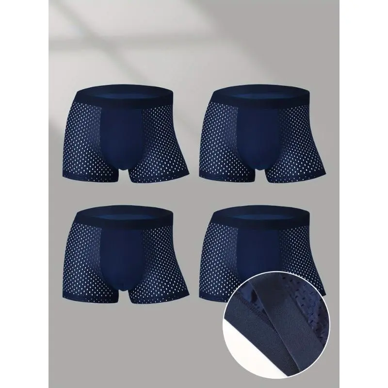 Set of 4 Men'S Boxer Shorts with Mesh Design, Summer Cool Breathable, Thin Trendy Adult Boxers.solid color brief  Socks Blue ankle sock