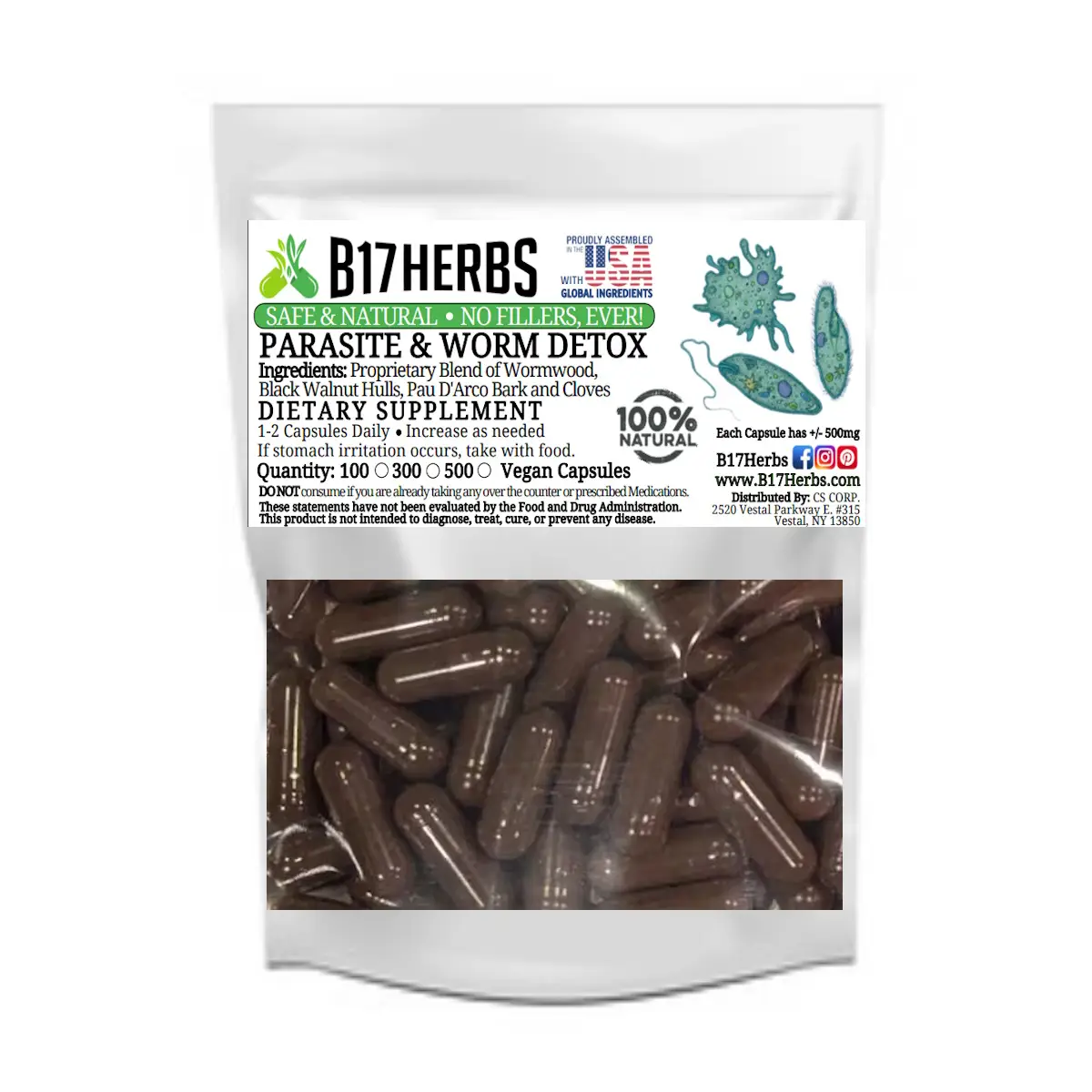 Wrm. & Para. Cleanse Detox Blend - Wormwood, Black Walnut Hulls , Pau D'Arco, Clove - 50 Veggie Capsules