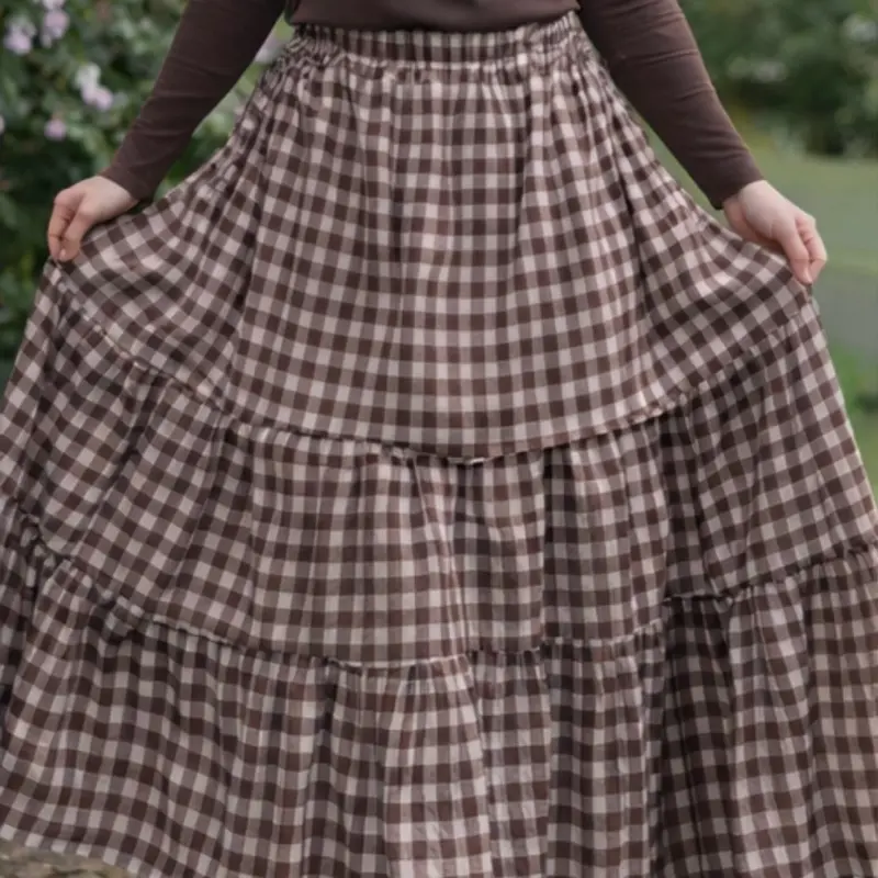 Brown Gingham Maxi Skirt 100% Cotton