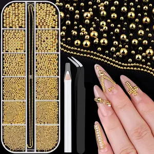 1-3MM Mini Small Nail Beads Metal Caviar Bead Gold Nail Charms and Gems Ball, Nail Chain for Nail Art Accessories Supplies Gold Rhinestones for Women Manicure