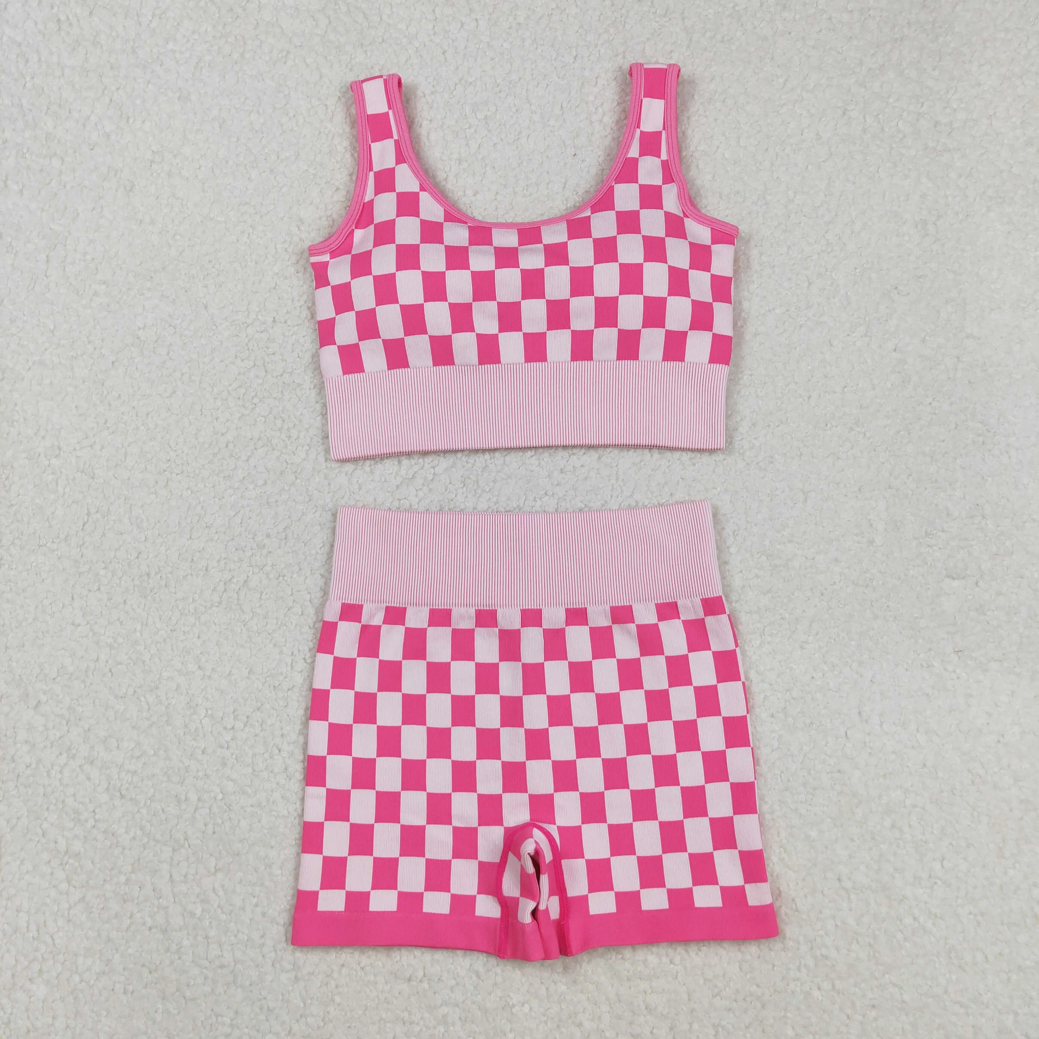 Adult Women Yoga Outfit Sports Plaid Atheletic Clothing Set